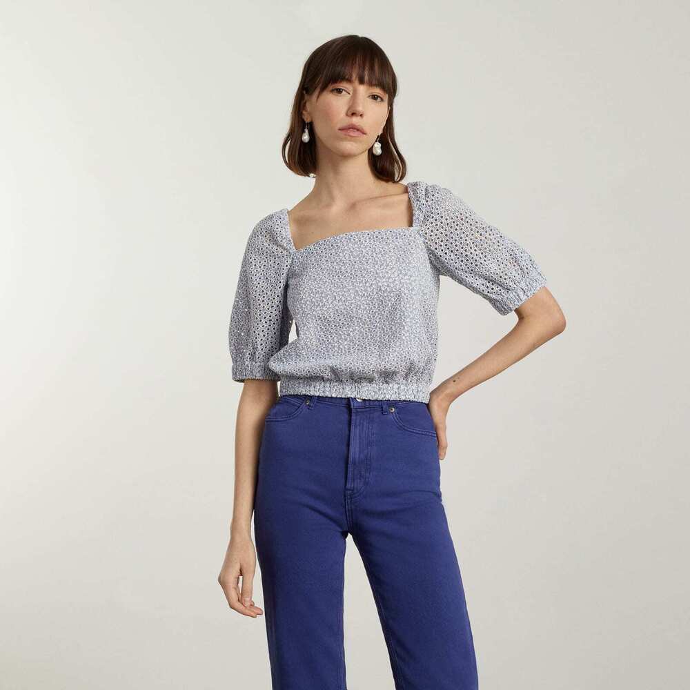 Everlane The Eyelet Puff Sleeve Top Blue Base - Size XS